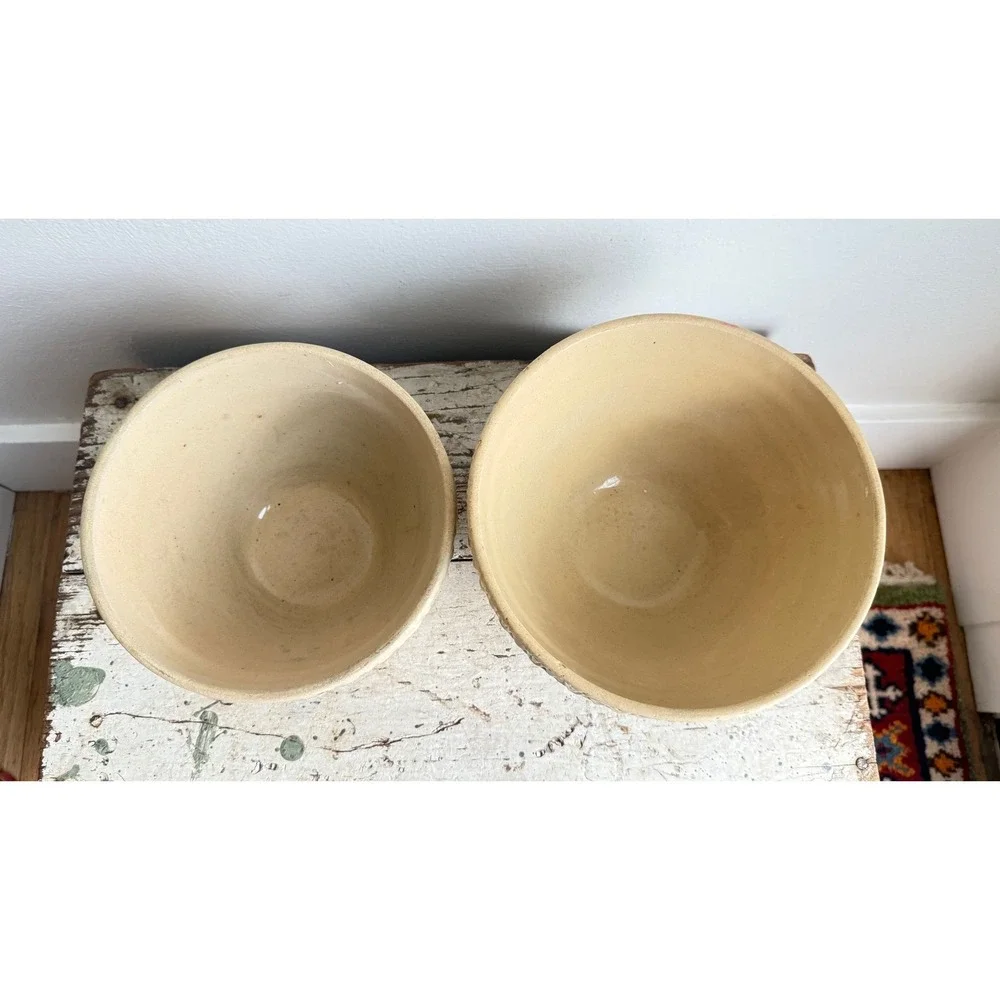 Vintage USA Yellowware Mixing Bowl Set Pastel Blue Pink Stripes 2pc